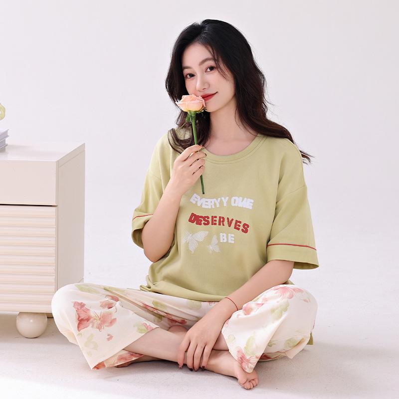 Pajamas women's summer pure cotton short-sleeved printed cropped pants thin cotton women's loungewear summer loose large size set