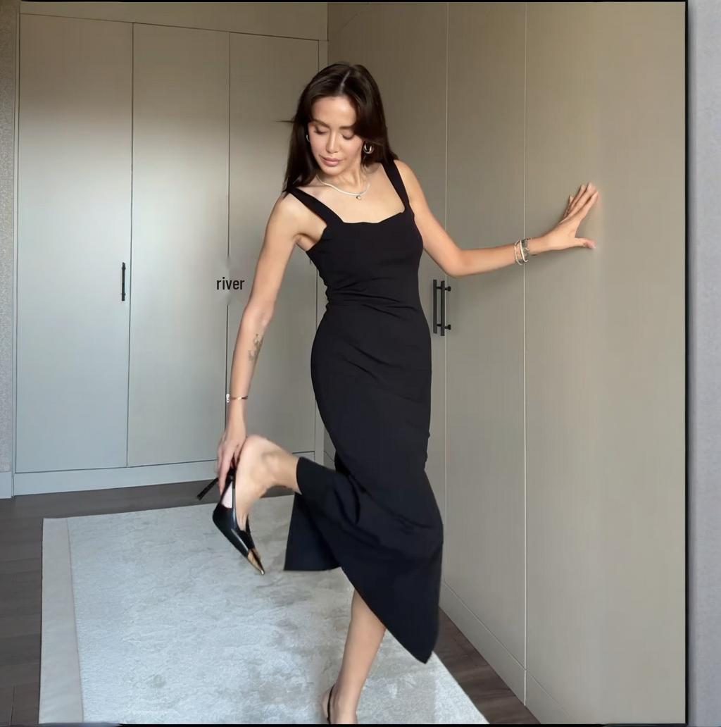 

2025 Лето Европейское и Американское Без рукавов Квадратный вырез Разрез Женское Сексуальное Приталенное Повседневное Платье XS чёрный