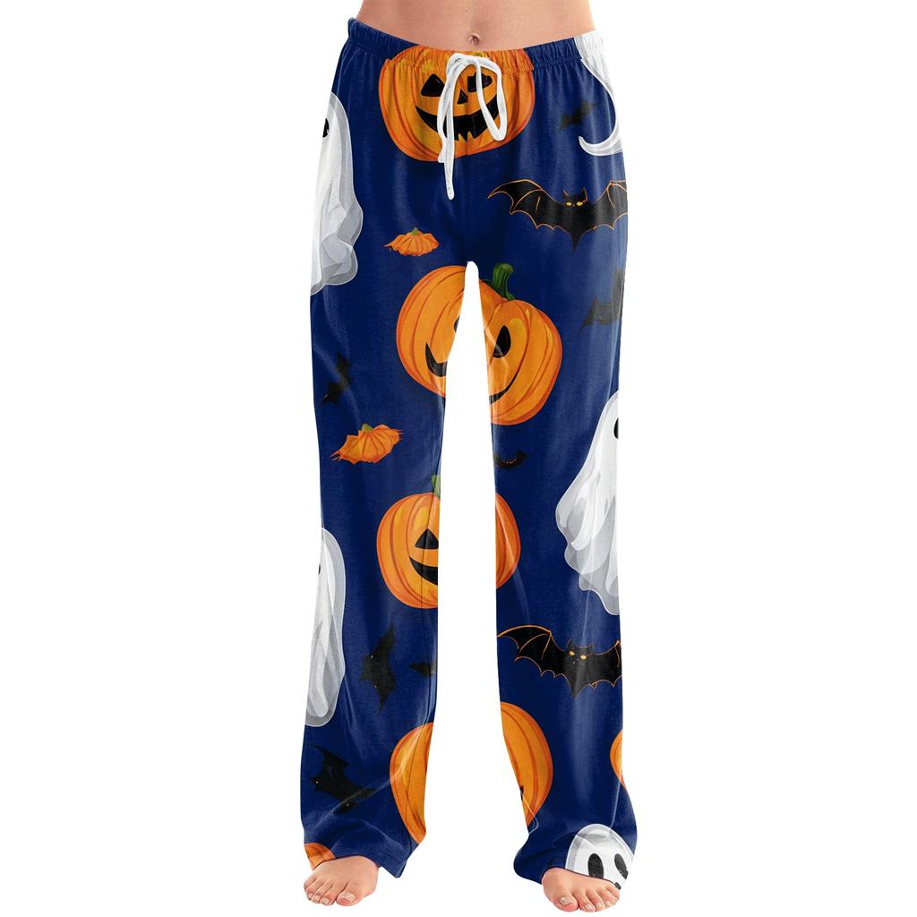 Damen Loungehose mit Kordelzug und Halloween-Print, lässig, volle Länge, entspannte Passform, Schlafanzughose für den Alltag