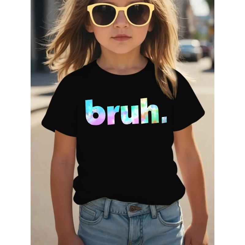 Girls Summer Fashion Short Sleeve T-Shirt with Bruh Letter Print Casual Versatile 110 чёрный