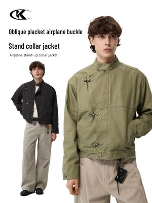11KN Unisex Retro Distressed Workwear Jacket with Airplane Buckle and Wide Lapel