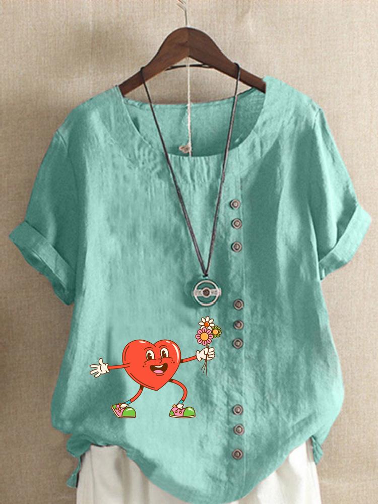 Women's Fashion Heart Shaped Floral Print Round Neck Short Sleeve T-shirt Summer Casual Cotton Linen Graphic Shirt Leisure Loose Blouse Tops