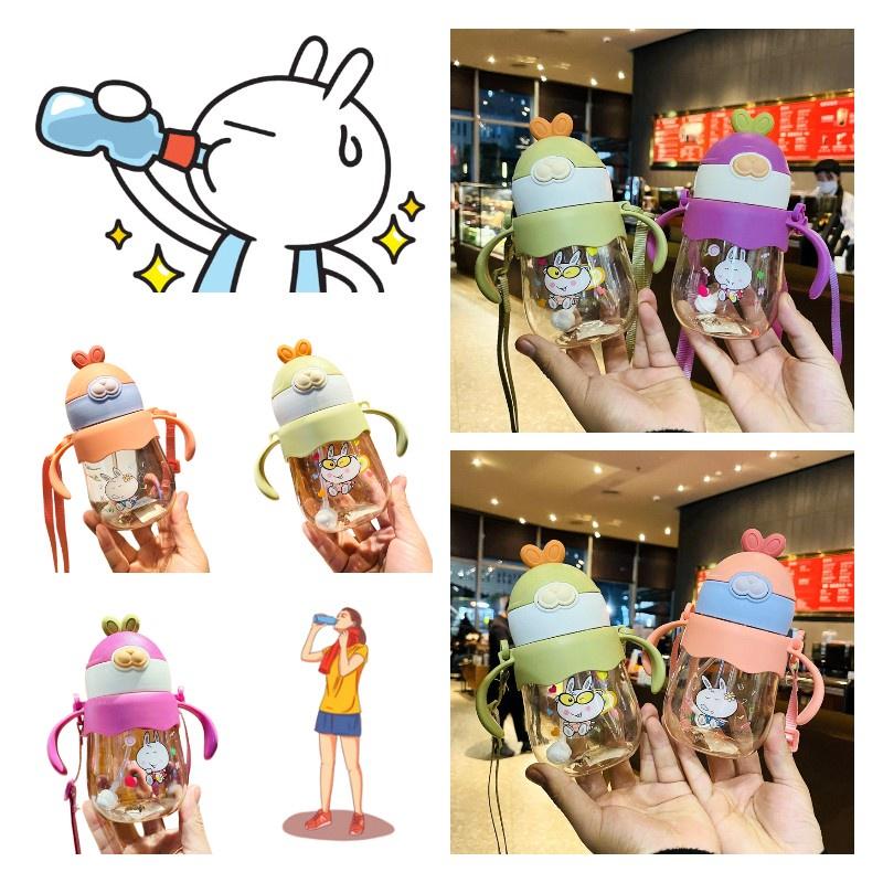 Neuer Kinder-Trinkbecher mit Strohhalm, Griff und Schultergurt, PC-Material, 450 ml, Lila/Rosa/Grün