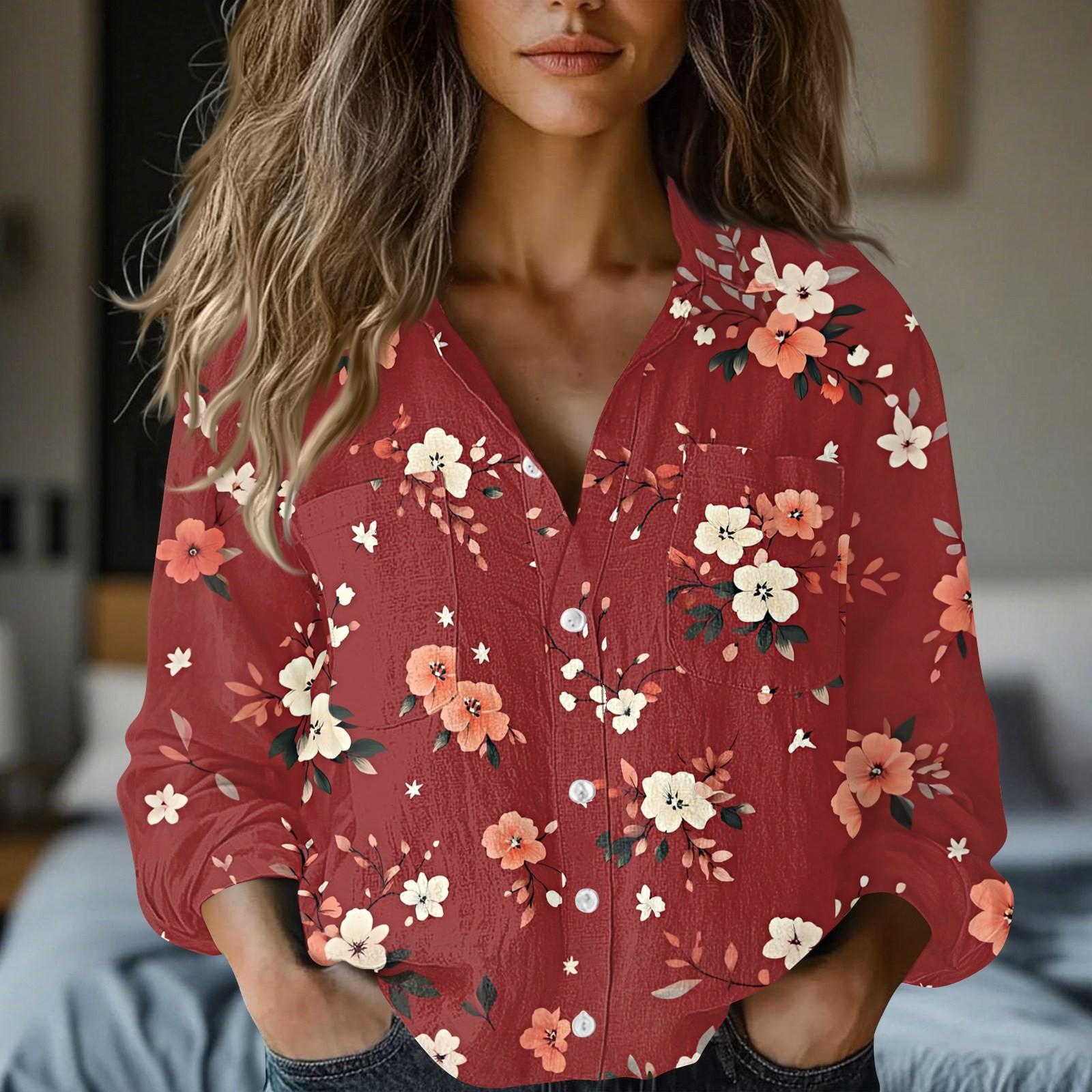 

Женские хлопковые льняные топы с длинными рукавами рубашки свободные футболки винтажные блузки XXL красный