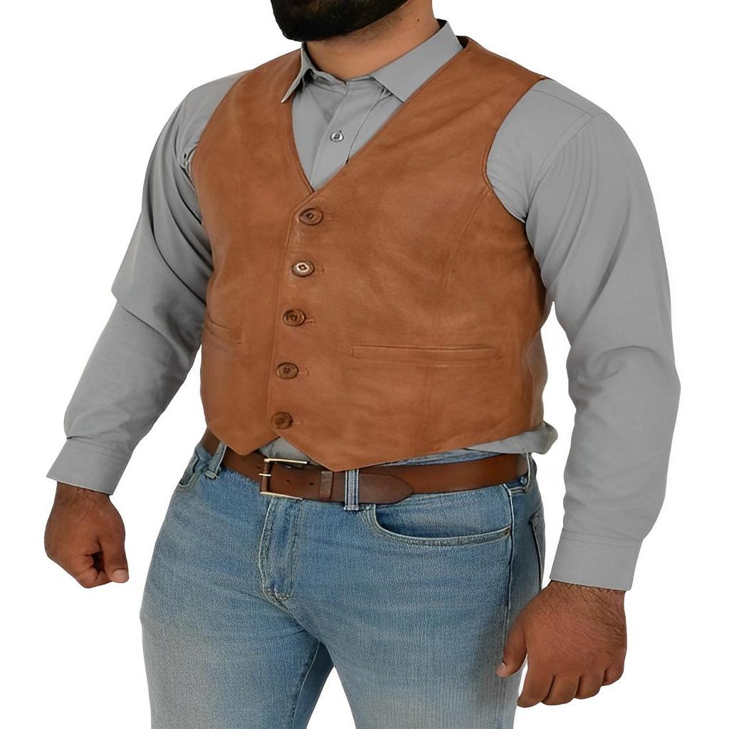 Noora Gilet de piele portocaliu ars pentru bărbați, cu închidere cu nasturi | Vestă din piele de designer | Gilet din piele Rider