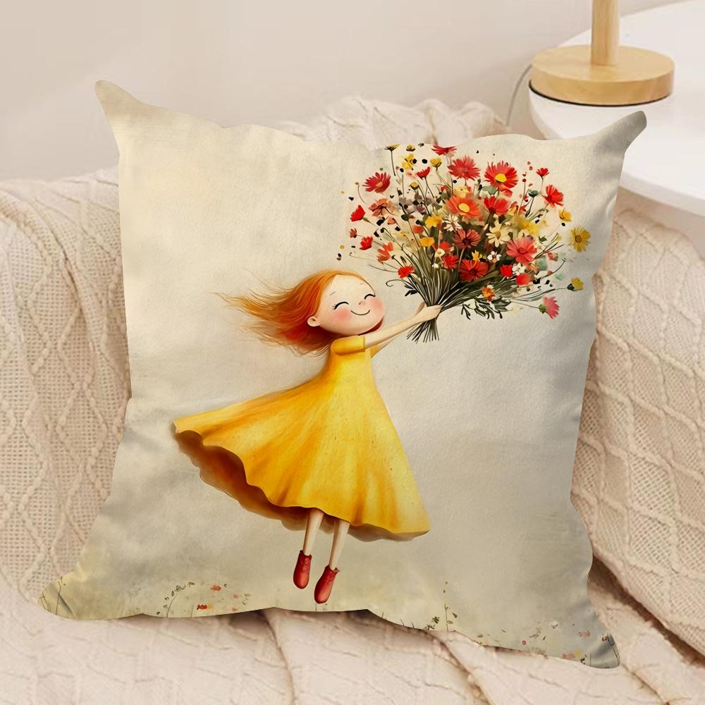 The girl is holding flowers Cushion Cover Soft Plush DoubleSided Printed Sofa Pillow Cushion Cover  Cozy AllSeason Decor Gift