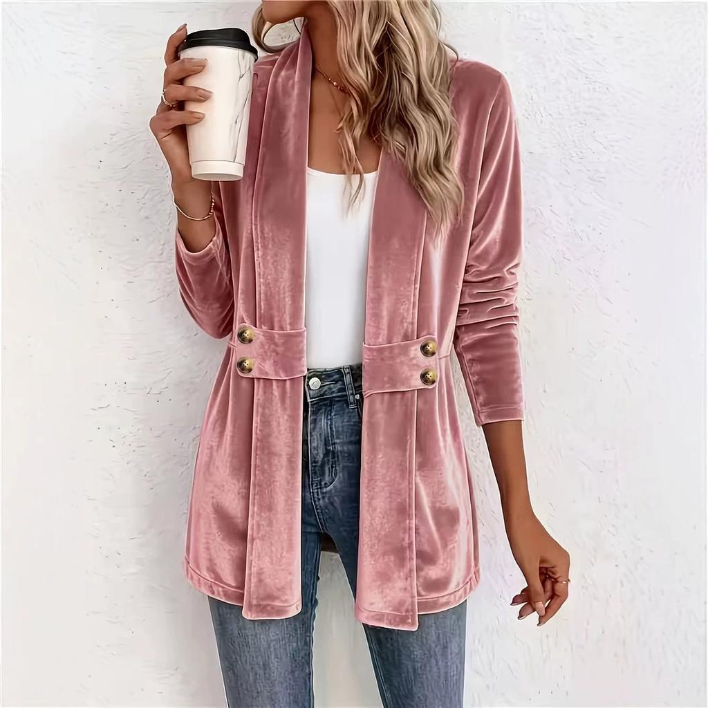 Women Velvet Blazer Open Front Lapel Collar Double Breasted Decor Long Sleeve Coat Multi Color