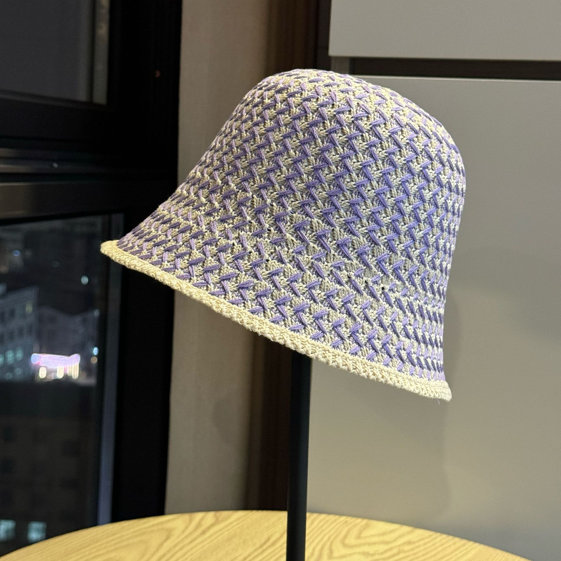 

Spring and summer fresh style mixed color striped straw hat for women, breathable, wide brim, sun protection, fisherman hat, straw beach hat, casual Adult54-60Average Size фіолетовий