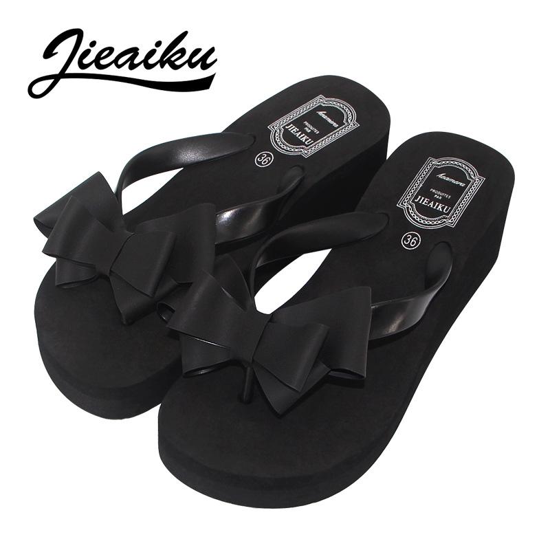 2024 Women's Korean Style Bow Flip Flops - High Wedge Heel, Thick Sole, Toe Post Thong for Summer Beach.