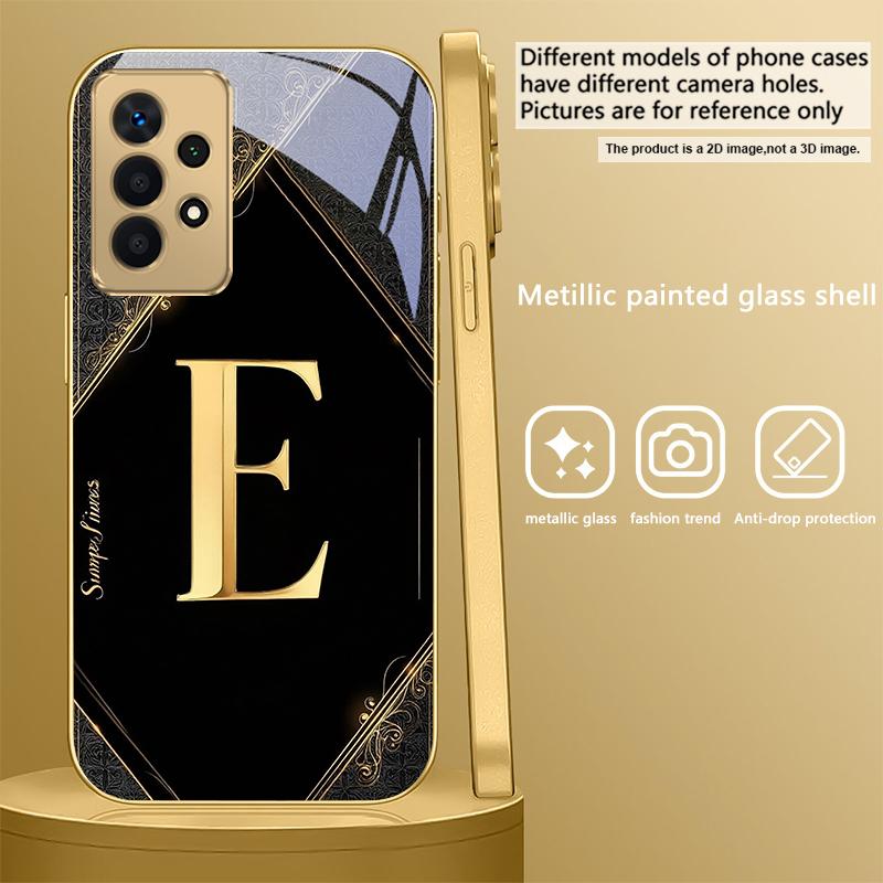 Luxurious emblem letters For Samsung A 01 52S A04 A05S A10 A12 13 22 23 24 36 42 M02 Note 10 20Ultra 8 9 Golden glass phone case