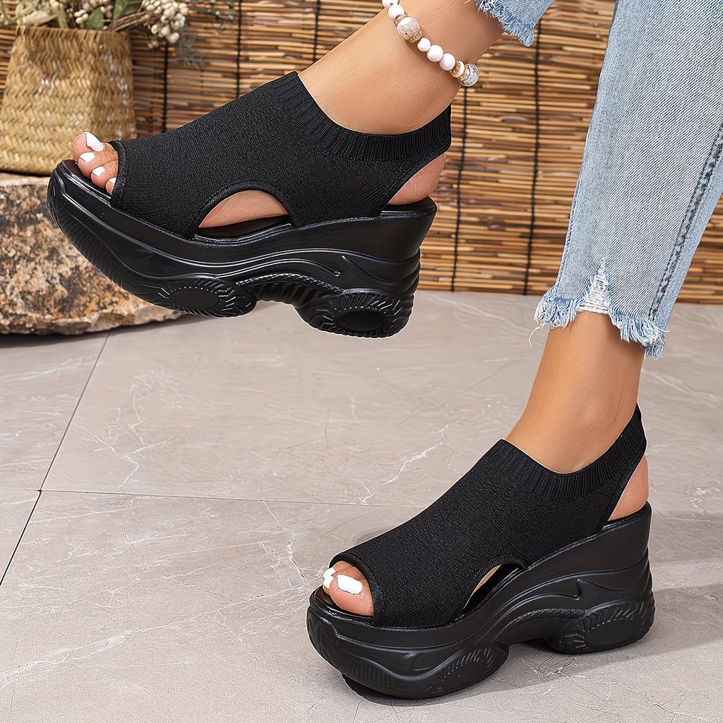 Height-Increasing Fly Weave Sandals Women'S Outdoor Summer New Fish Mouth Wedge Thick Sole Petite Athletic High Heel Sandals, Women Shoes