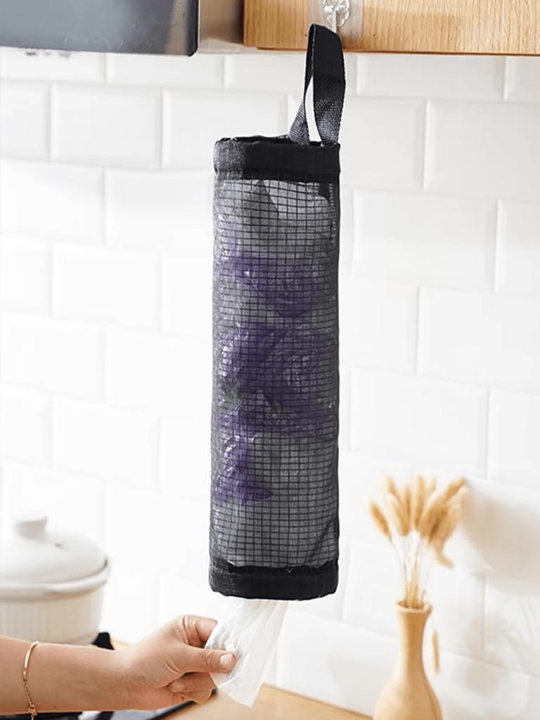 1pc Garbage Bag Storage Hanging Bag, Wall-Mounted Drawstring Shoe Storage Bag, Kitchen Plastic Bag Organizer, Woven Mesh Bag,Plastic Bag Holder