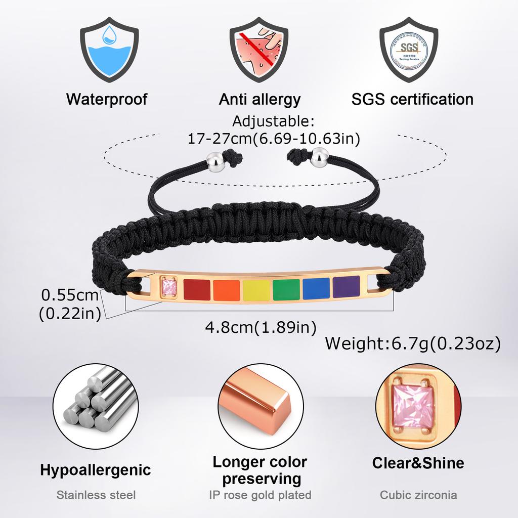Rainbow Pride Bracelets for Gay Lesbian,Waterproof Rainbow Flag Stainless Steel Long Bar Leather Wristband,LGBTQ Pride Month