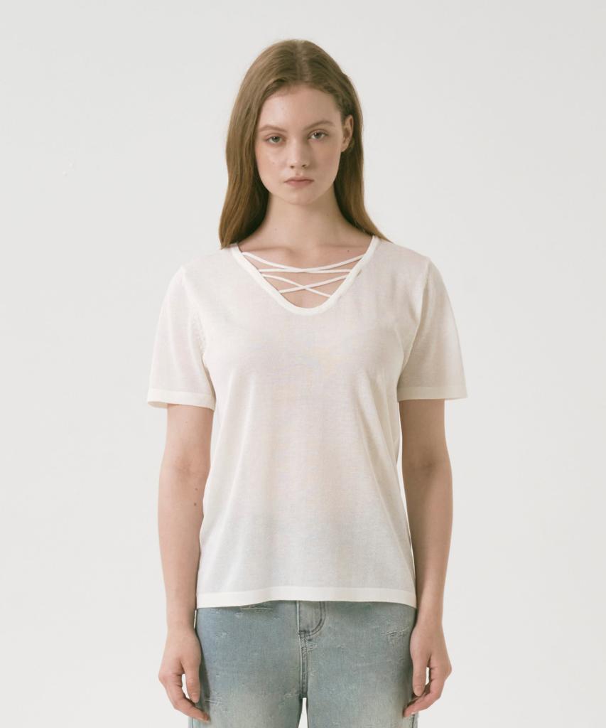 OCCUR Two-Way Cool Viscose V-Neck Short Sleeve Knit, Ivory