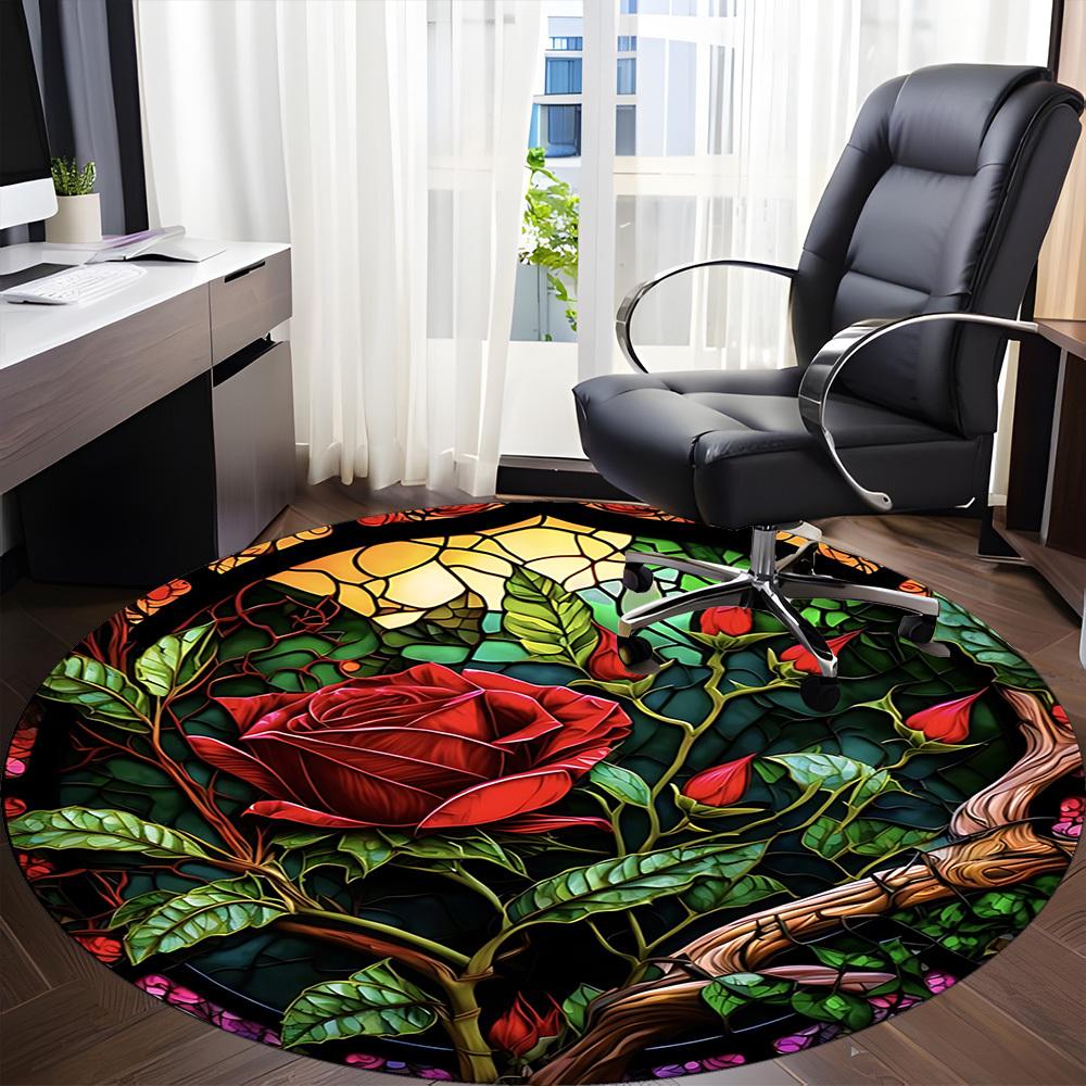 1pc Stained Glass Rose Chair Carpet for Office Non-Slip, Machine Washable Rug for Office - Holiday DecorMachine Made yy251029113