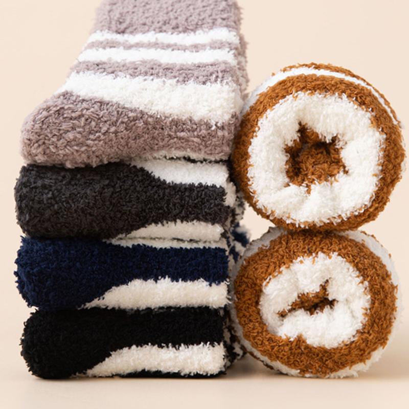 1/5 Pairs Men Women Winter Coral Fleece Mid Tube Socks Fashionable Stripes Thick Plush Warm Comfortable Home Casual Floor Socks