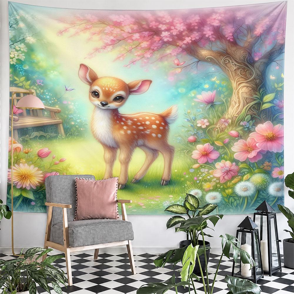 "Deer In Enchanted Spring Garden" Pattern Wall Hanging Tapestry Decorative Tapestry Home Decor for Bedroom and Living Room