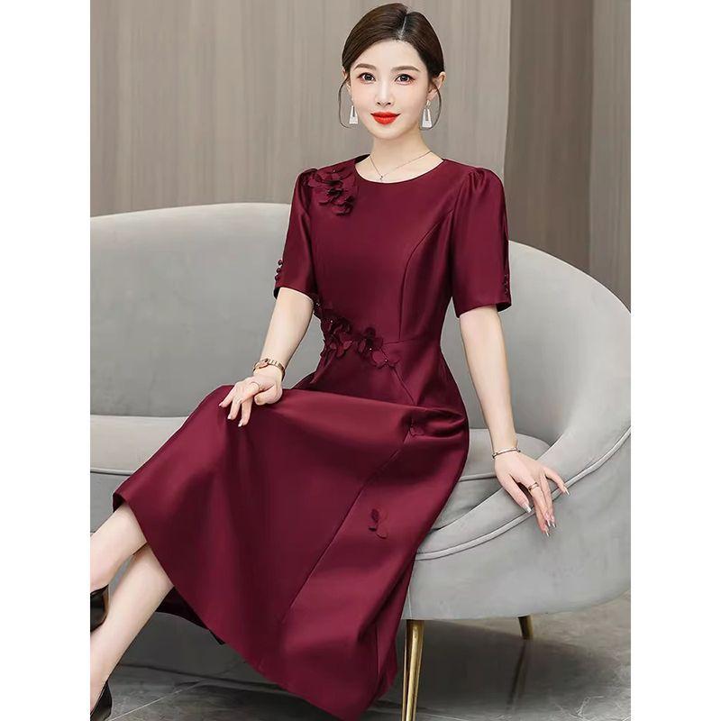 Women's Short Sleeve Midi Dress O Neck High Waist Elegant A-Line Dress Plus Size Wedding Guest Party Applique Dress