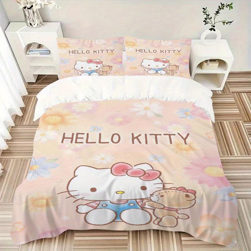 3pcs Little Bear and Hello Kitty Printed Quilt Set - Soft and Comfortable Quilt Cover for Bedroom, Guest Room and Dormitory Decorative Beddi