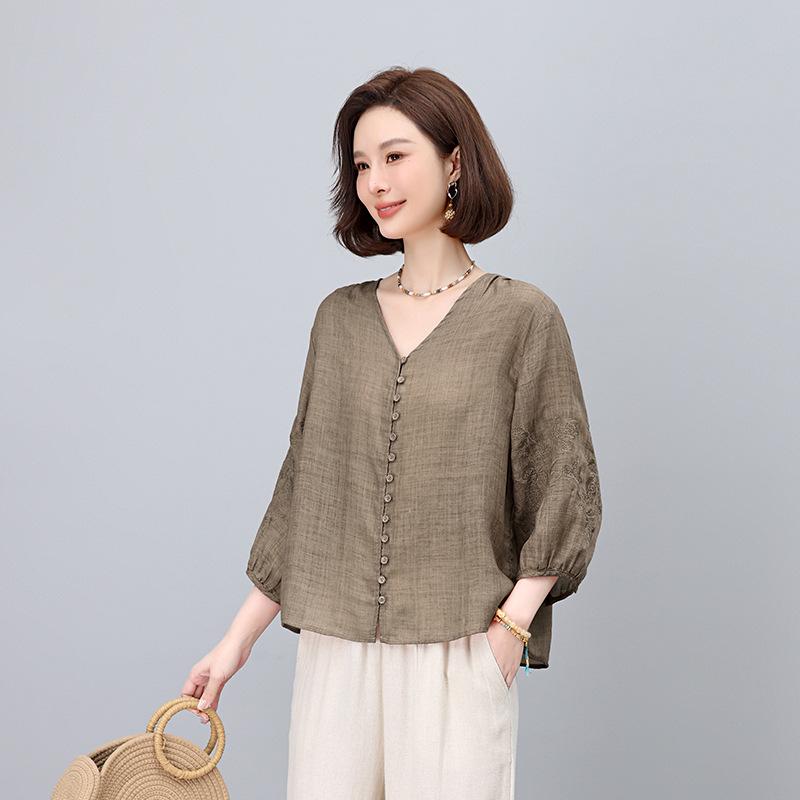 Women's Summer 2025 V-Neck Embroidered Ramie Blouse - Elegant Seven-Sleeve Design for Middle-Aged Ladies