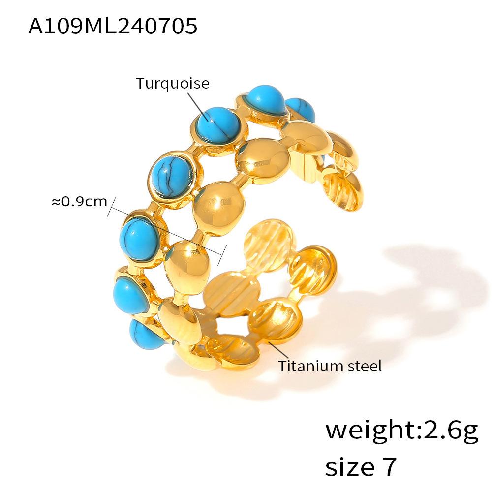 Inlaid Natural Blue Turquoise Beads Open Ring For Women Stainless Steel 18k Gold Plated Women's Finger Rings Vintage Female Ring