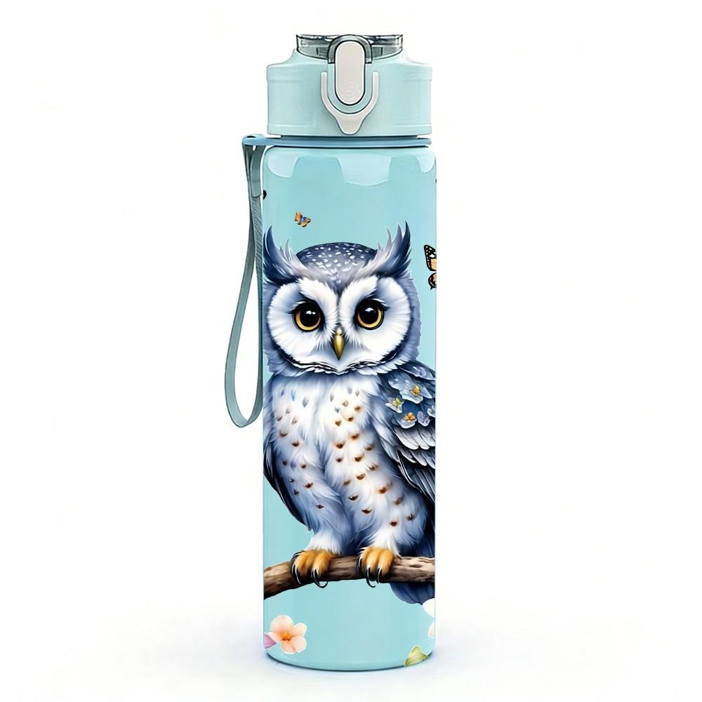 1PC Branch Perched Owl Spring Floral Nature Art 750ml Color Plastic Sports Water Bottle Leakproof Flip Straw Lid Suitable for Sports Office Home Use