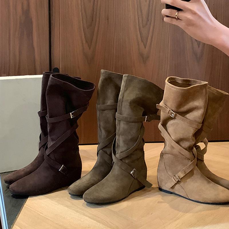 Women's 6CM Inner Height Retro Western Knee-High Cowboy Boots with Round Toe, Buckle Strap, and Soft Ruched Design.