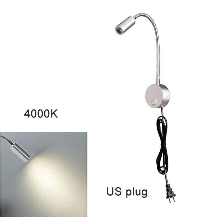 AC100-240V Silver 3W 3000K 4000K 6000K LED Reading Lights with EU USA Plug for Bed Headboard Desk Aluminum Goosene wall lamp