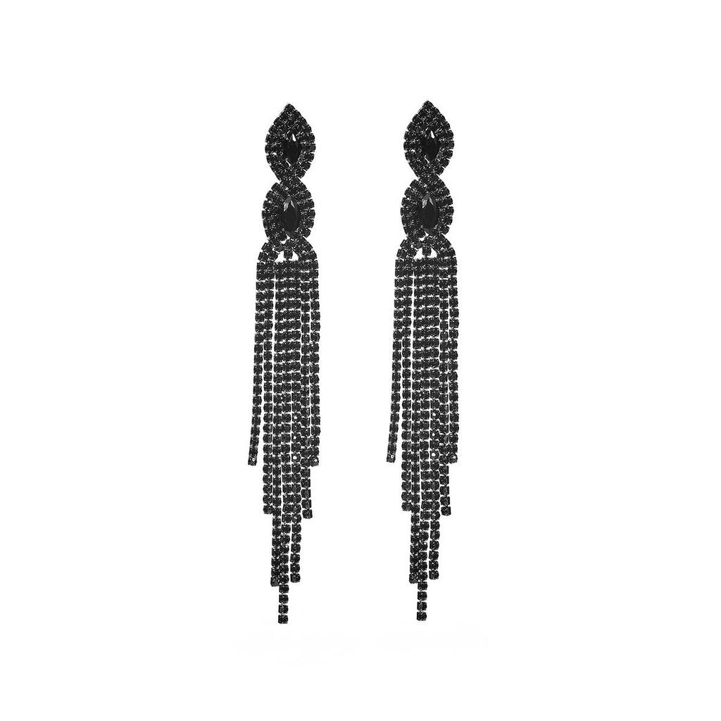 DINGKA Black Electrophoresis Long Tassel Earrings with Shiny Diamond Studs