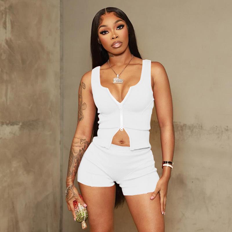 Europäisches & Amerikanisches Mode Schlankes Ärmelloses Reißverschluss Tanktop mit Eng Anliegendem Shorts Set