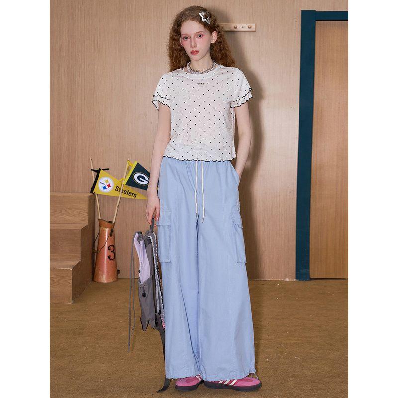 Coolhut Polka Dot Lace Round Neck Short-Sleeved T-Shirt 2025 Summer Women's Top Slim Fit Versatile Pure Cotton