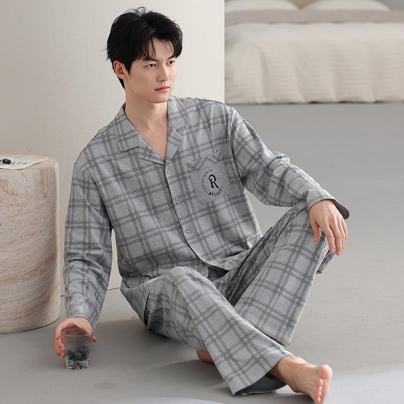 Men's pajamas spring and autumn pure cotton long-sleeved cardigan spring and autumn men's dad plus size cotton loungewear set