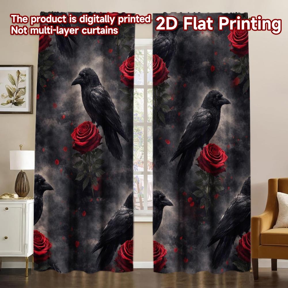 2D FLAT PRINTING 2pcs Curtains (Without Rod) Halloween Ravens and Roses Modern Print Curtains Fabric Curtains Ramadan