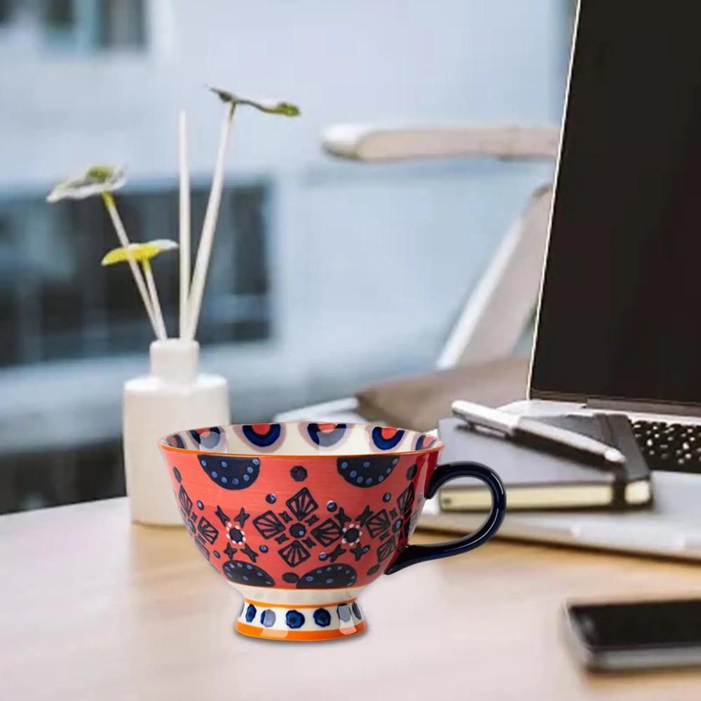 Retro Ceramic Mug Hand Painted Oatmeal Mug Breakfast Bowl  For Cappuccino Hot Chocolate Milk