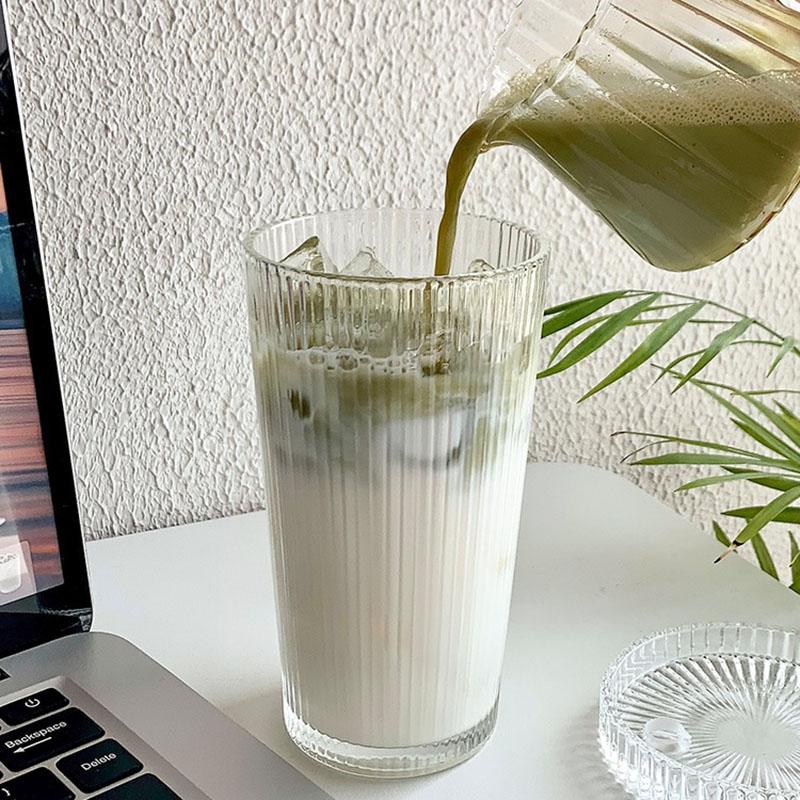 Vertical Stripe Glass Coffee Tumbler with Lid and Straw - Ins Style Portable Cup for Iced Latte, Milk Tea & Cold Beverages