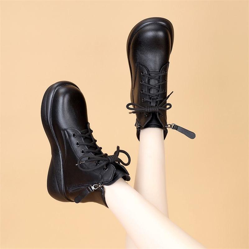 Autumn and winter retro warm soft leather Martin boots new British muffin thick-soled short boots 35