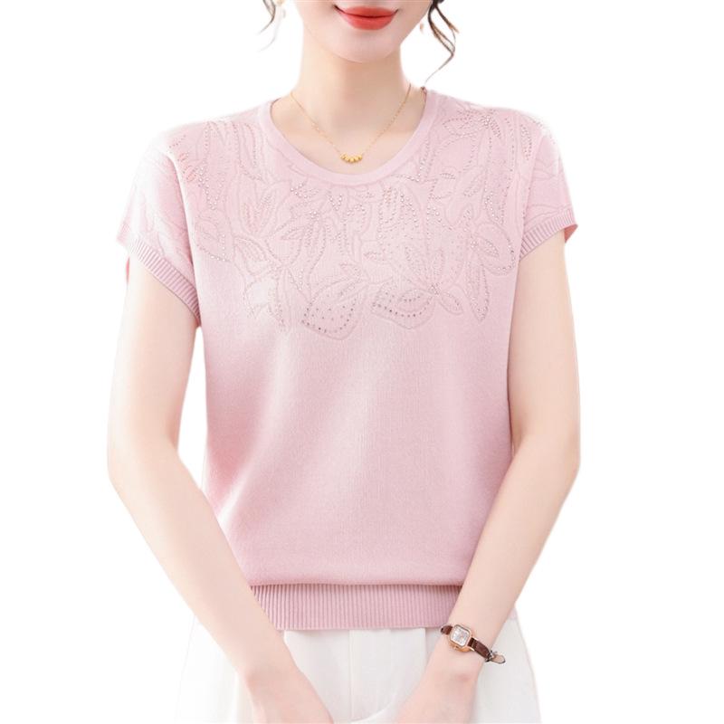 2026 New Style Women's Ice Silk Blouse - Fashionable Batwing Short Sleeve Round Neck for Middle-Aged & Elderly
