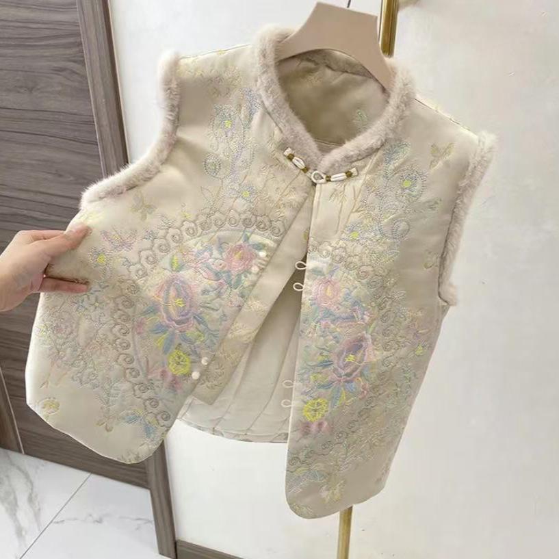 Women New Chinese Style Quilted Vest Stand Collar Floral Embroidery Faux Fur Trim Warm Sleeveless Waistcoat