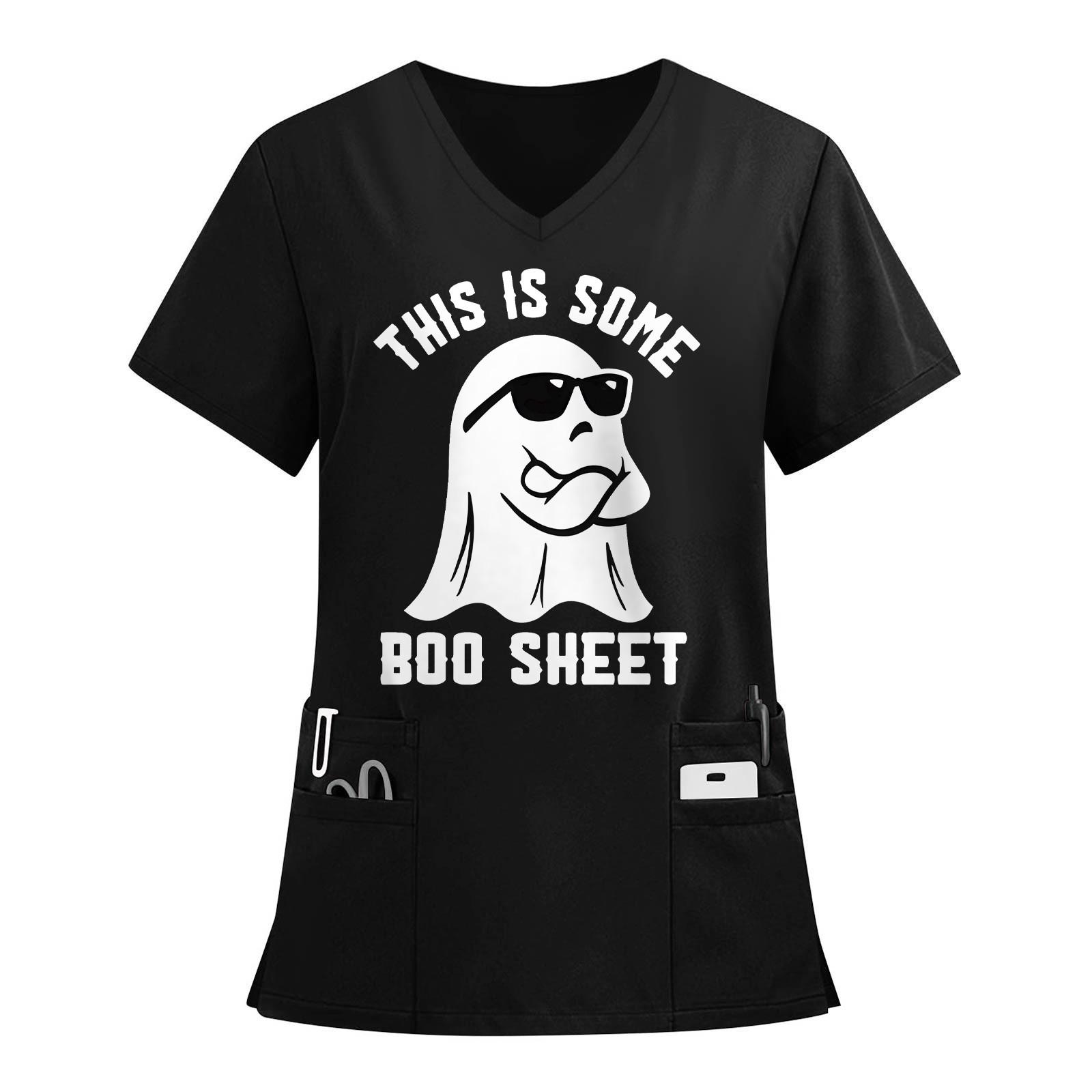 

Женский топ защитного костюма с V-образным вырезом, с короткими рукавами, с принтом на Хэллоуин, с карманом и боковыми разрезами XXXL чёрный