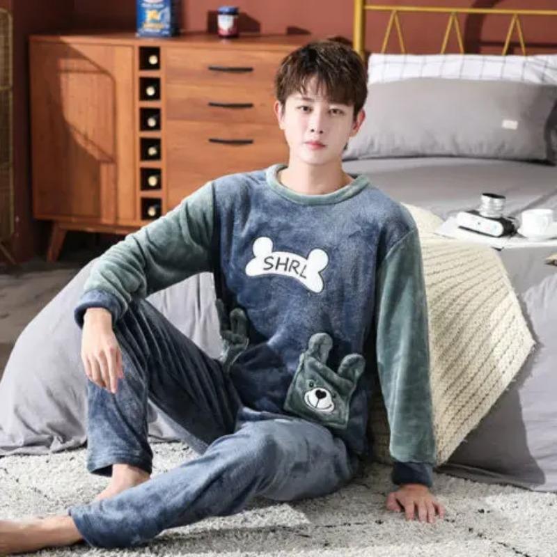 Unisex Flanel Gecelik Yeni Kadın Erkek Kış Sıcak Polar Çiftler Pijama Takımı Aşıklar Gecelik Sevimli Karikatür Pijama Ev Giyim