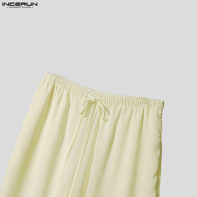 INCERUN Men's Sheer Overlay Split Trousers Casual Wide Leg Drawstring Beach Holiday Pants