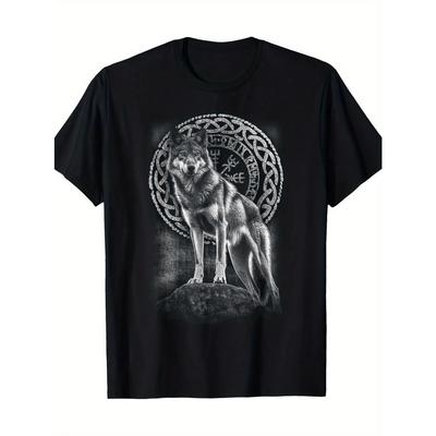 Viking Wolf and Celtic Knot Nordic Mythical Tshirt Black Pattern Top with Odin Rune and Wolf Head Design Suitable for Hiking Gym