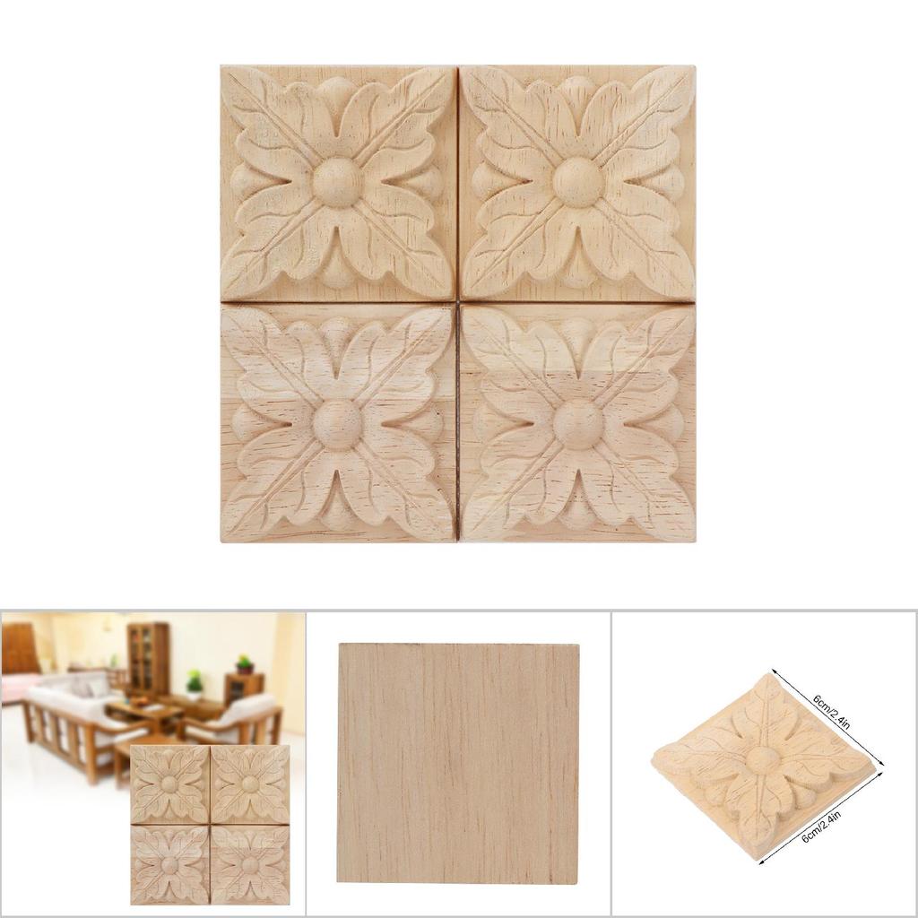 4 Stück schnitzende karierte Applikation, unbemalter Aufkleber für Möbeldekoration