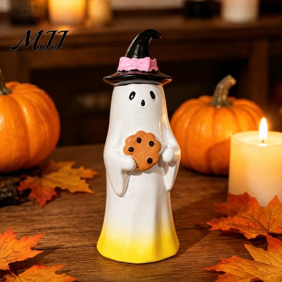 Desktop Decor for Halloween Cute Ghost Ornament, Resin Figurines with Cake/Cookie Small Statues Fireplace Design Home Holiday Party Decoration
