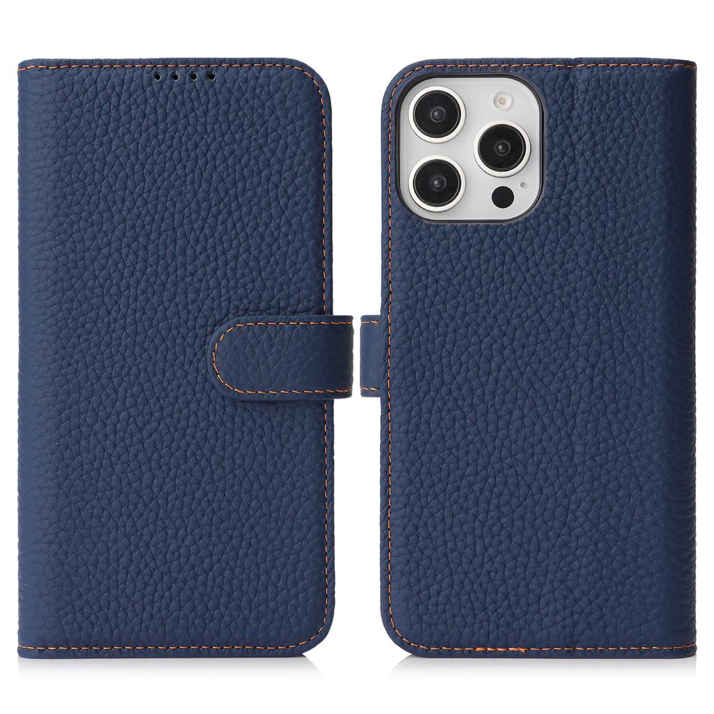 For iPhone 15 Pro Stand Case Litchi Texture Genuine Cow Leather Wallet Phone Cover RFID Blocking