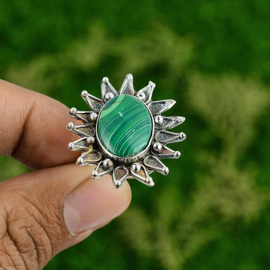 Sterling Silver Russian Malachite Stone Daughter Statement Flower Ring Jewelry