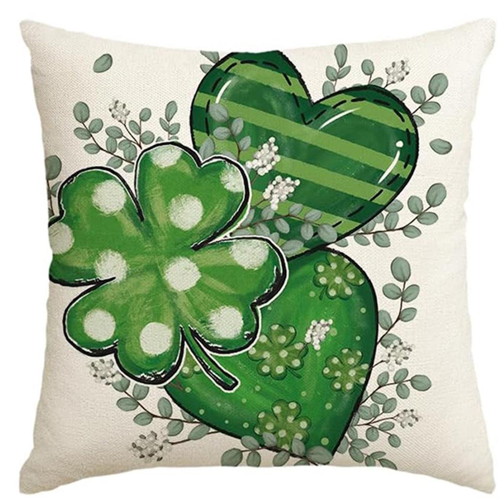 St. Patrick's Day Pillow Cover Line Printed Pillow Cover Green Four-leaf Crocodile Cushion Cover