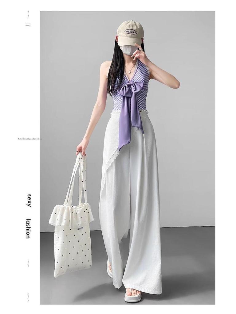 Women's White Lace Two-Piece Wide-Leg Pants with Crotch Cover - High-Waisted, Slimming, Draping, Floor-Length for Summer