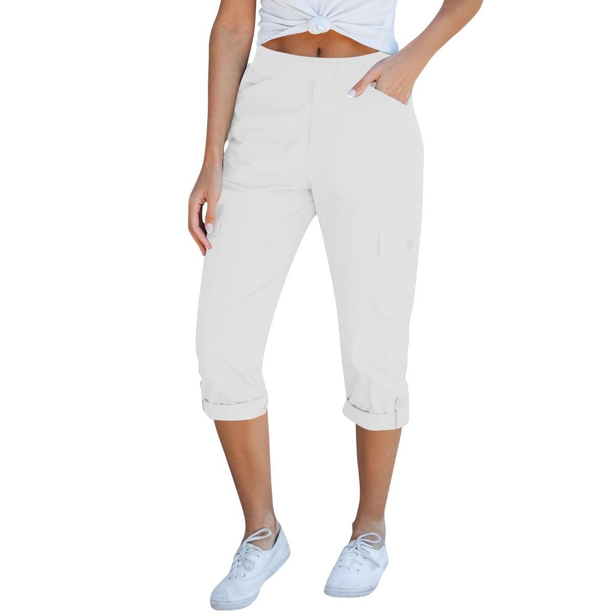 Summer Women s Casual Cropped Cargo Pants Elastic Waist Multiple Pockets S белый
