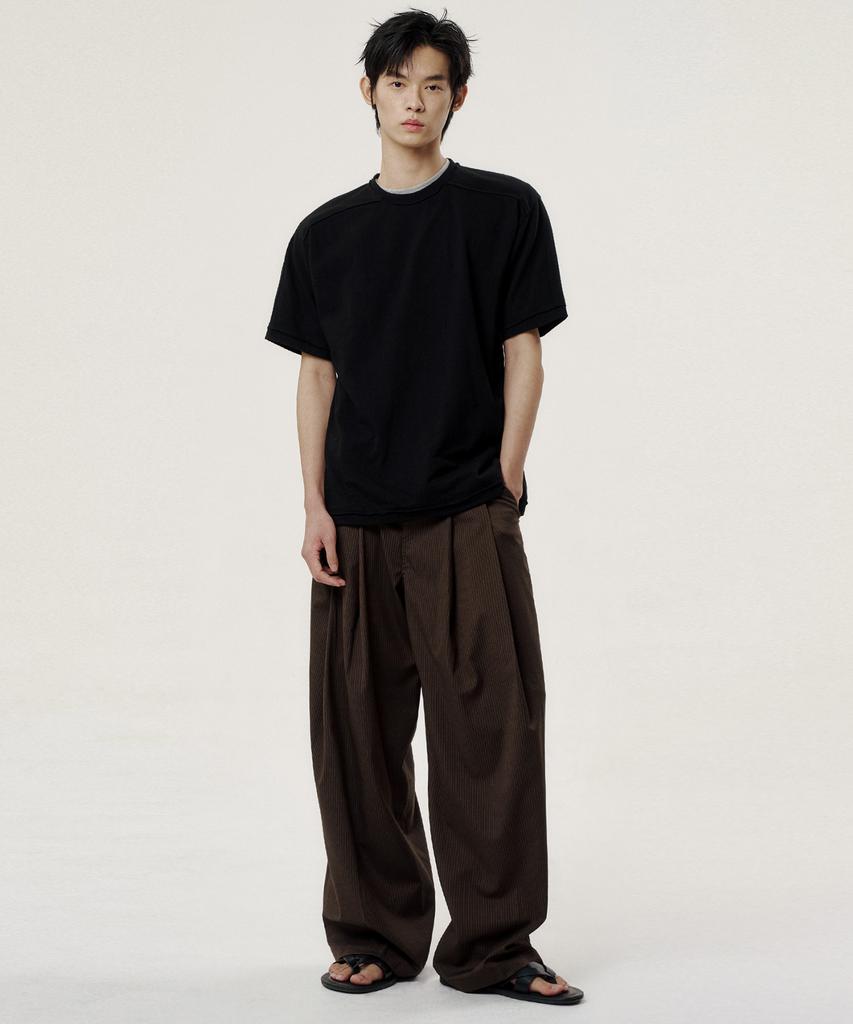 NOISE Stripe Double Pintuck Wide Slacks - Brown